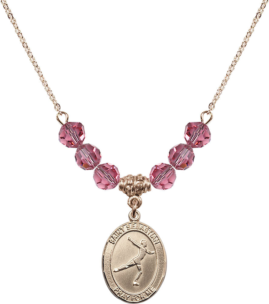 14kt Gold Filled Saint Sebastian/Figure Skating Birthstone Necklace with Rose Beads - 8177