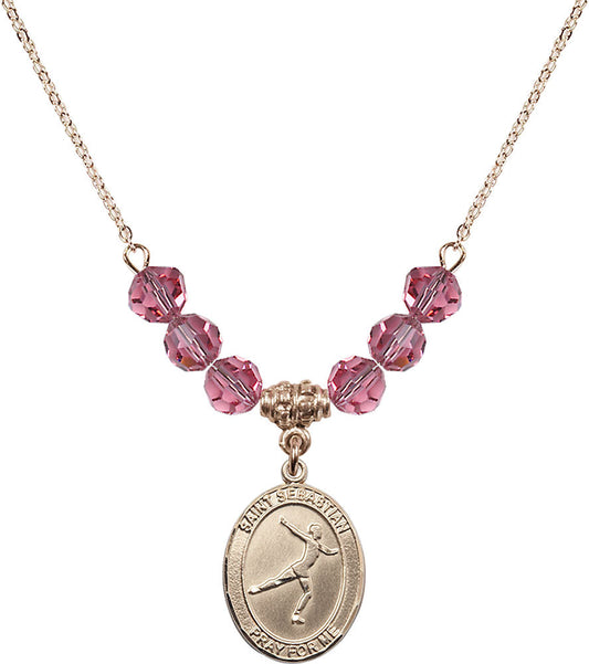 14kt Gold Filled Saint Sebastian/Figure Skating Birthstone Necklace with Rose Beads - 8177