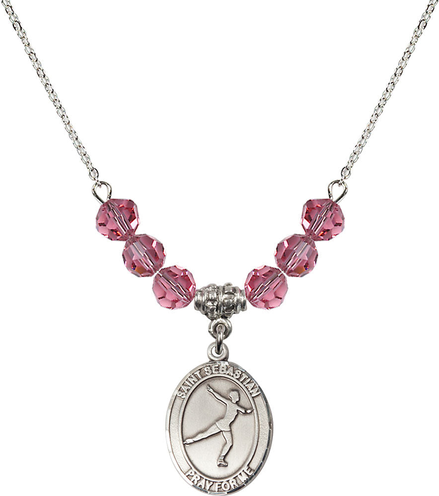 Sterling Silver Saint Sebastian/Figure Skating Birthstone Necklace with Rose Beads - 8177