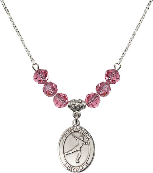 Sterling Silver Saint Sebastian/Figure Skating Birthstone Necklace with Rose Beads - 8177