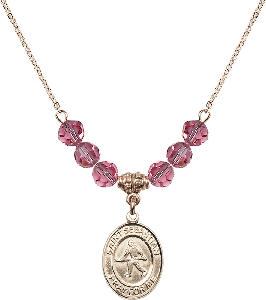 14kt Gold Filled Saint Sebastian/Field Hockey Birthstone Necklace with Rose Beads - 8178