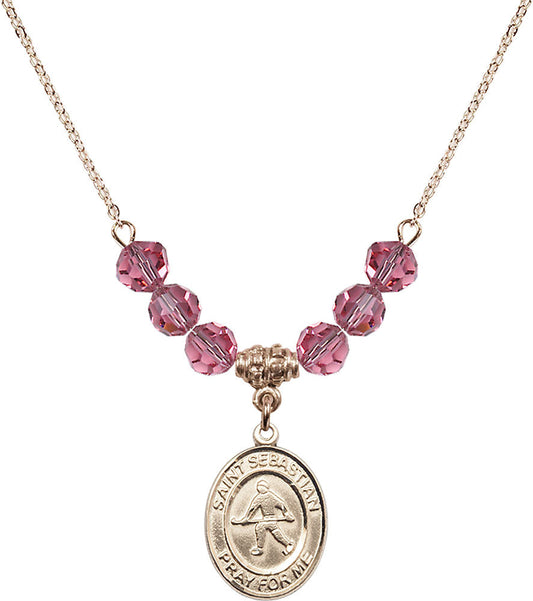 14kt Gold Filled Saint Sebastian/Field Hockey Birthstone Necklace with Rose Beads - 8178