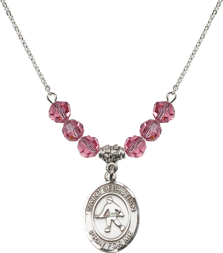 Sterling Silver Saint Sebastian/Field Hockey Birthstone Necklace with Rose Beads - 8178