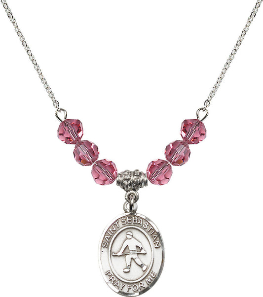 Sterling Silver Saint Sebastian/Field Hockey Birthstone Necklace with Rose Beads - 8178