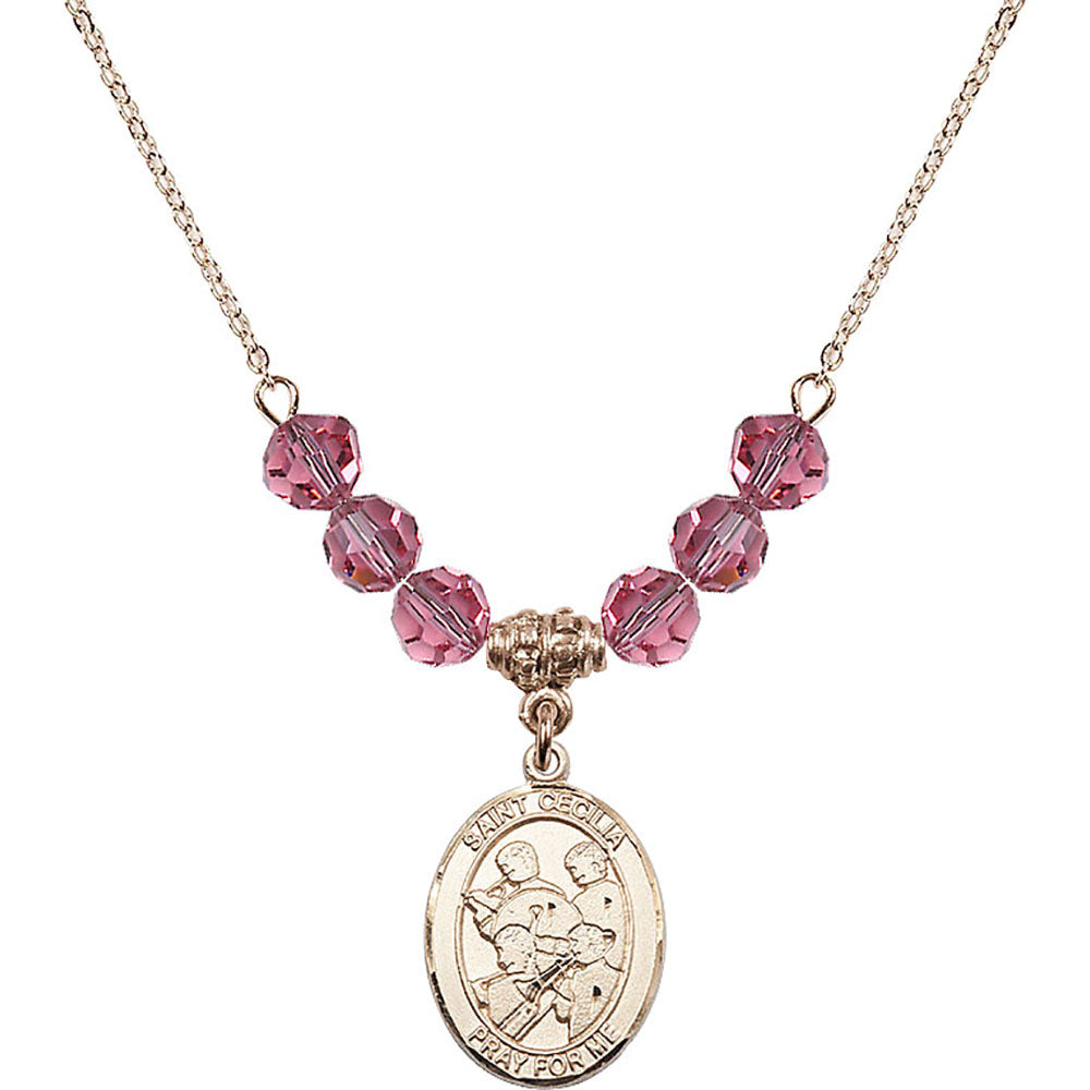 14kt Gold Filled Saint Cecilia / Marching Band Birthstone Necklace with Rose Beads - 8179