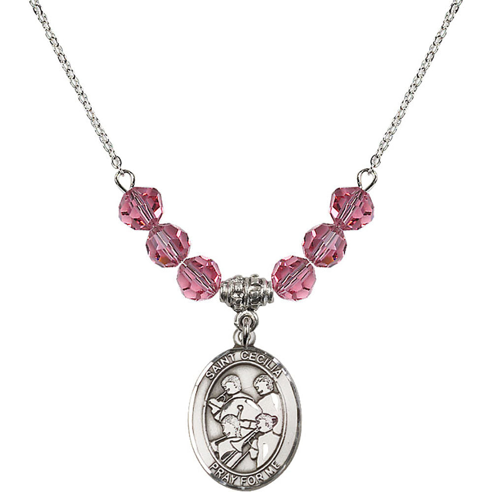 Sterling Silver Saint Cecilia / Marching Band Birthstone Necklace with Rose Beads - 8179