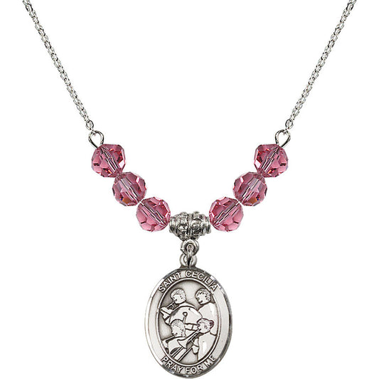 Sterling Silver Saint Cecilia / Marching Band Birthstone Necklace with Rose Beads - 8179
