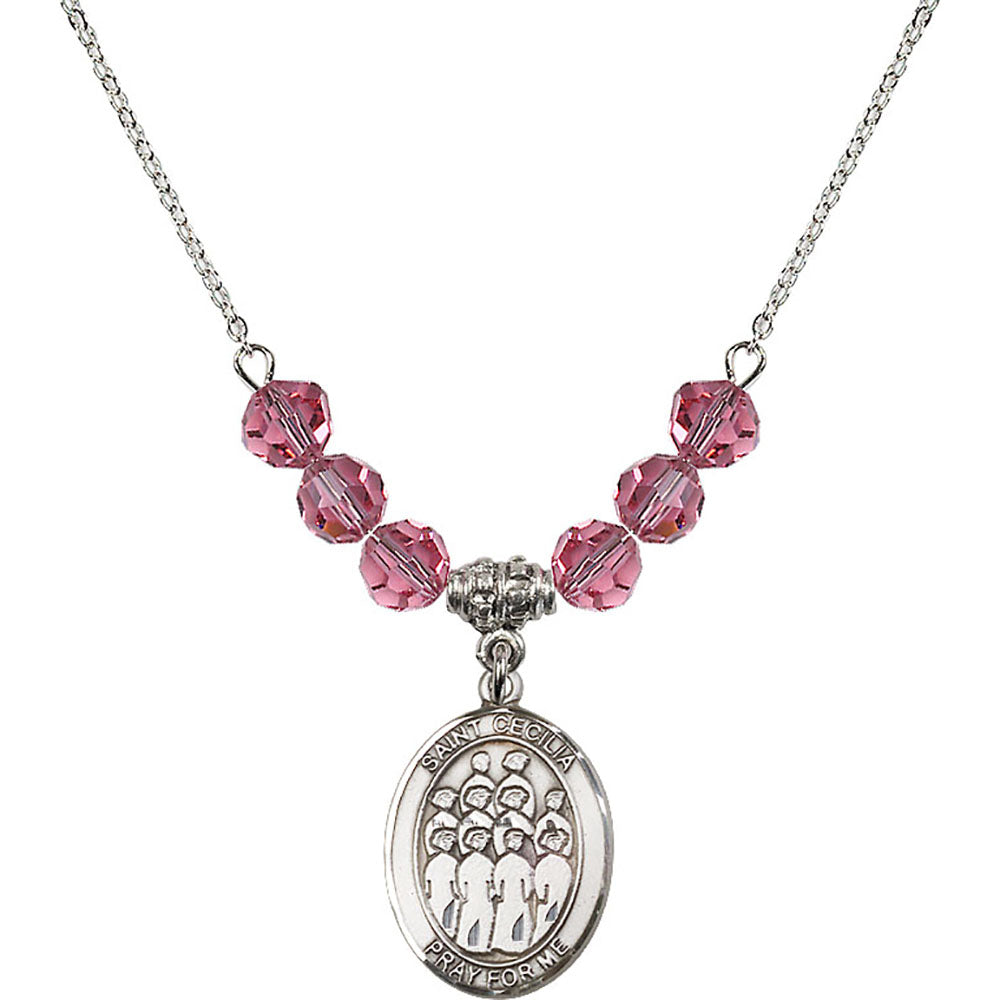 Sterling Silver Saint Cecilia / Choir Birthstone Necklace with Rose Beads - 8180