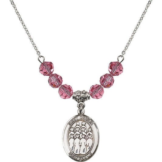 Sterling Silver Saint Cecilia / Choir Birthstone Necklace with Rose Beads - 8180