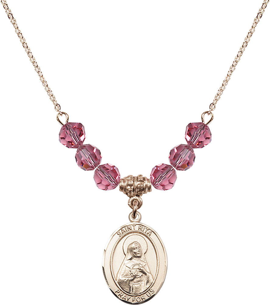 14kt Gold Filled Saint Rita / Baseball Birthstone Necklace with Rose Beads - 8181