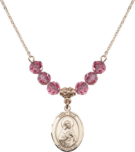 14kt Gold Filled Saint Rita / Baseball Birthstone Necklace with Rose Beads - 8181