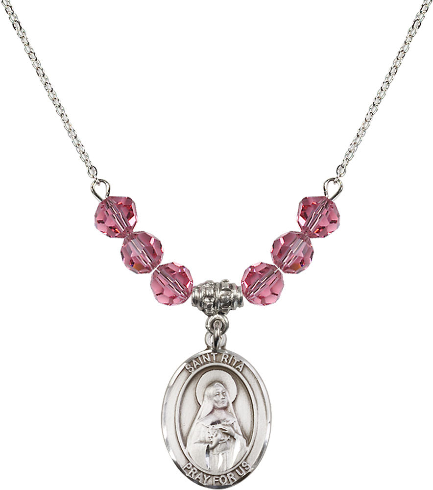 Sterling Silver Saint Rita / Baseball Birthstone Necklace with Rose Beads - 8181
