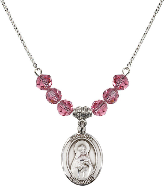 Sterling Silver Saint Rita / Baseball Birthstone Necklace with Rose Beads - 8181