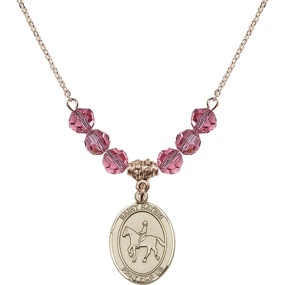 14kt Gold Filled Saint Kateri/Equestrian Birthstone Necklace with Rose Beads - 8182