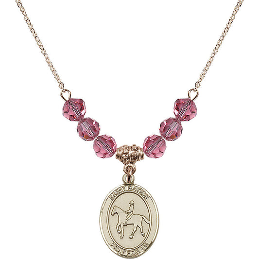14kt Gold Filled Saint Kateri/Equestrian Birthstone Necklace with Rose Beads - 8182
