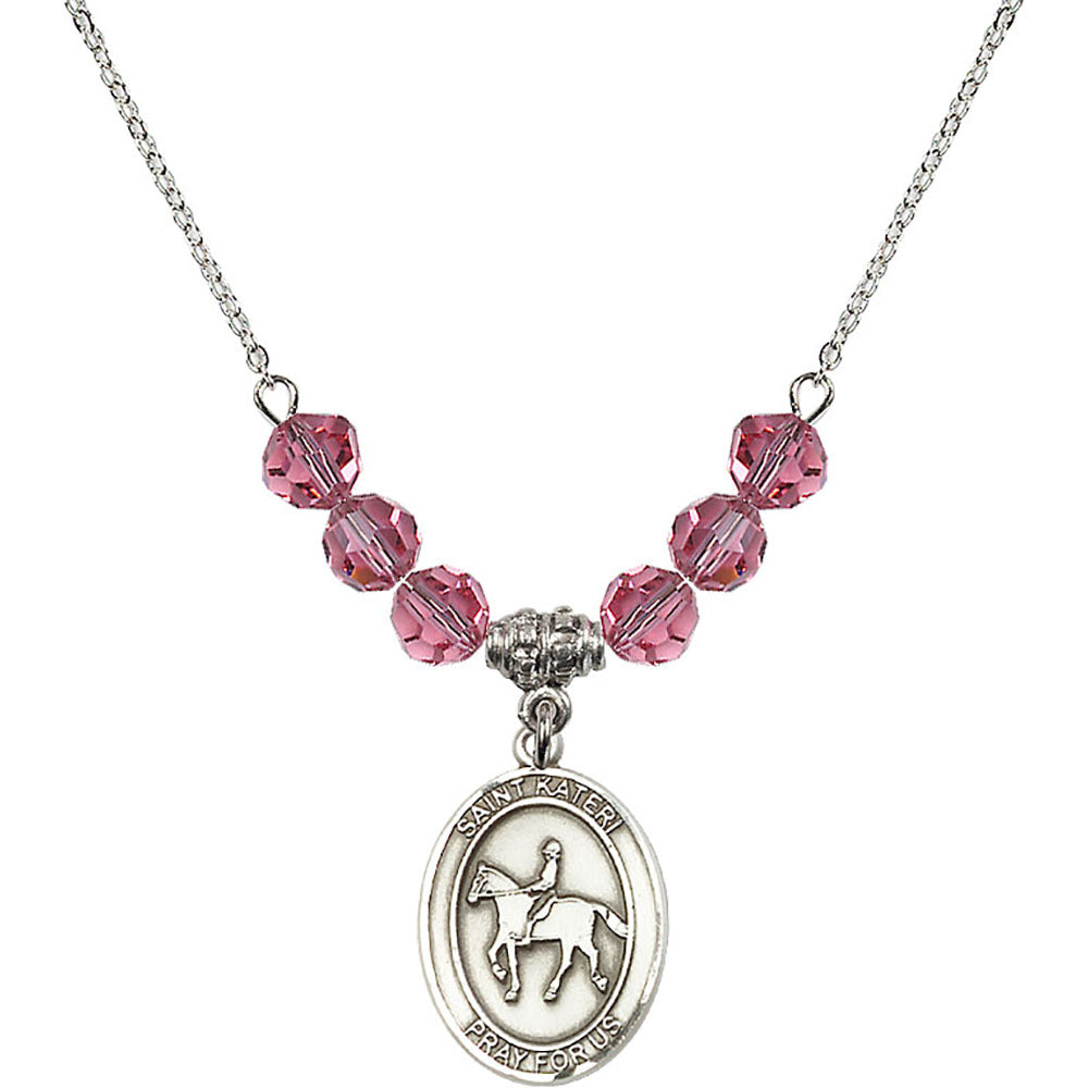 Sterling Silver Saint Kateri/Equestrian Birthstone Necklace with Rose Beads - 8182