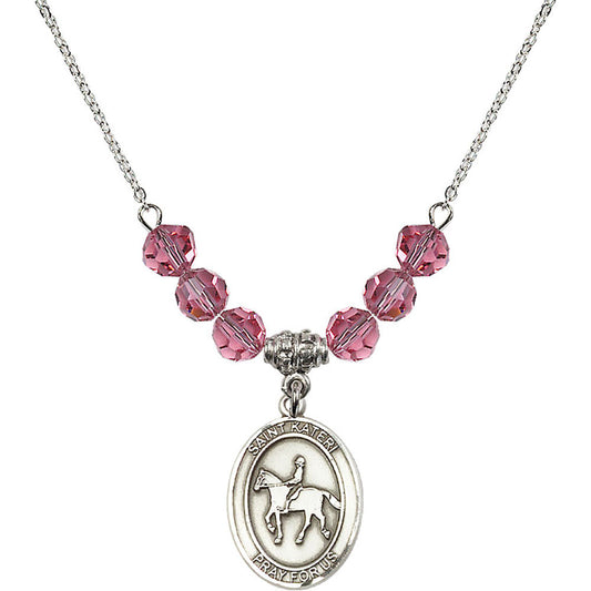 Sterling Silver Saint Kateri/Equestrian Birthstone Necklace with Rose Beads - 8182