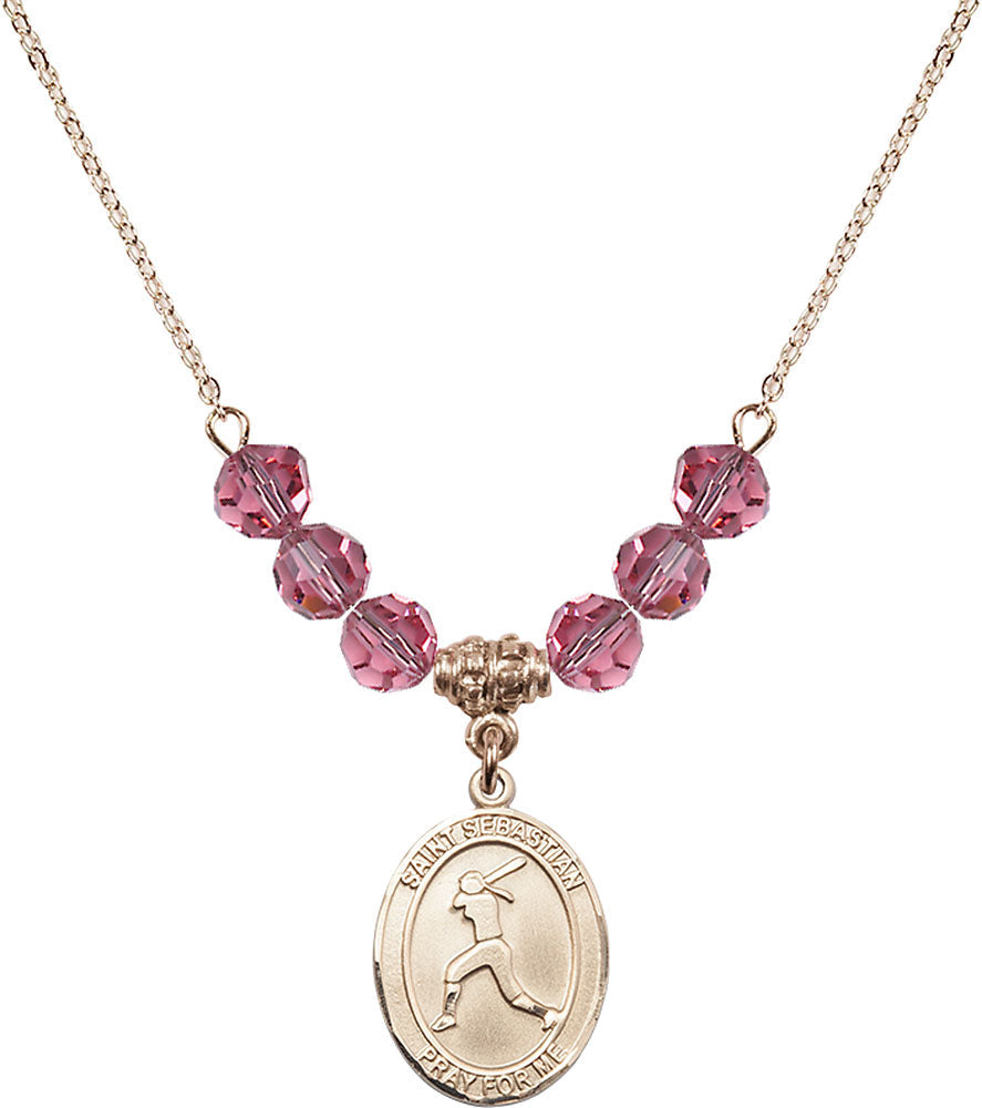 14kt Gold Filled Saint Sebastian / Softball Birthstone Necklace with Rose Beads - 8183