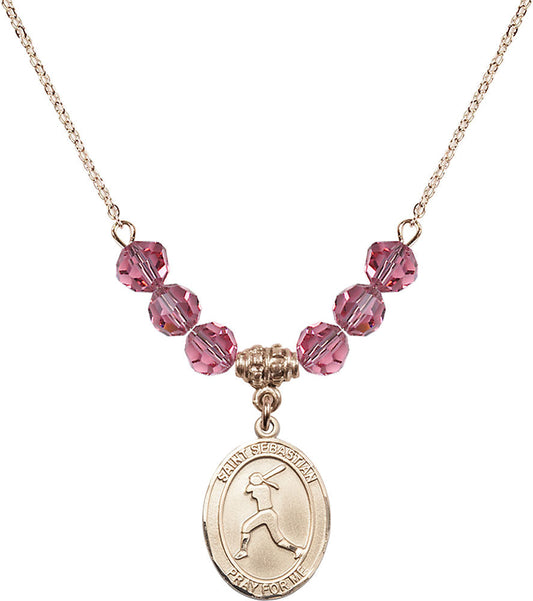 14kt Gold Filled Saint Sebastian / Softball Birthstone Necklace with Rose Beads - 8183