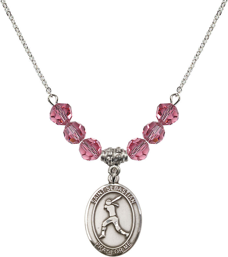 Sterling Silver Saint Sebastian / Softball Birthstone Necklace with Rose Beads - 8183