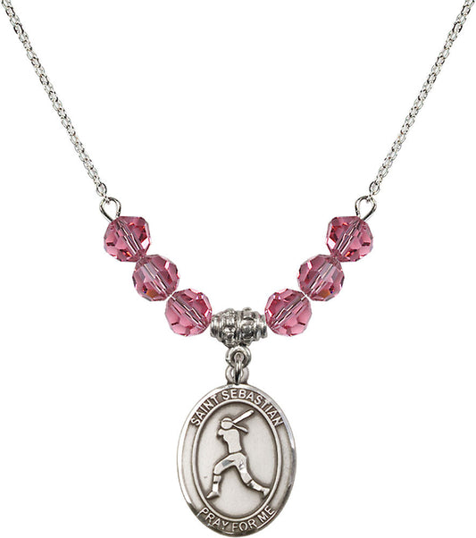 Sterling Silver Saint Sebastian / Softball Birthstone Necklace with Rose Beads - 8183