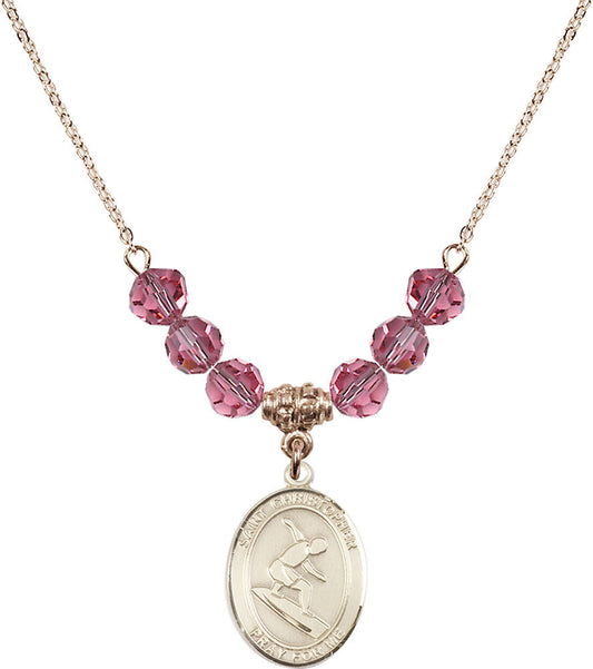 14kt Gold Filled Saint Christopher/Surfing Birthstone Necklace with Rose Beads - 8184