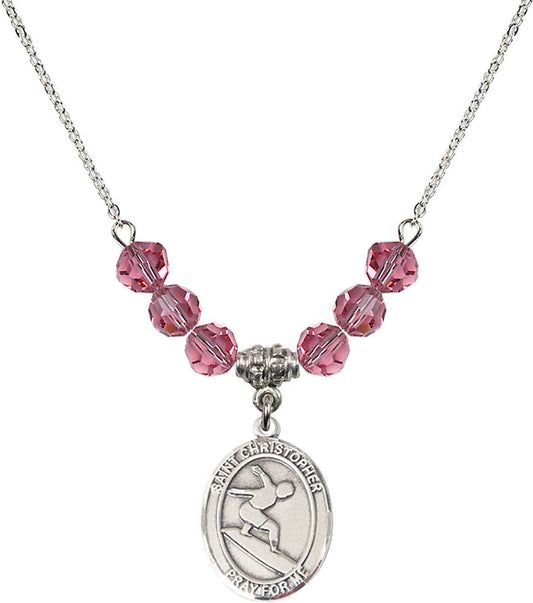 Sterling Silver Saint Christopher/Surfing Birthstone Necklace with Rose Beads - 8184