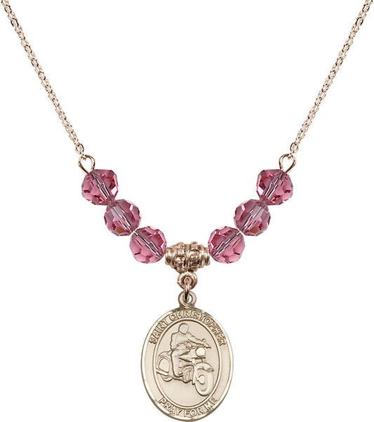 14kt Gold Filled Saint Christopher/Motorcycle Birthstone Necklace with Rose Beads - 8185