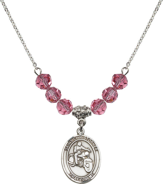 Sterling Silver Saint Christopher/Motorcycle Birthstone Necklace with Rose Beads - 8185