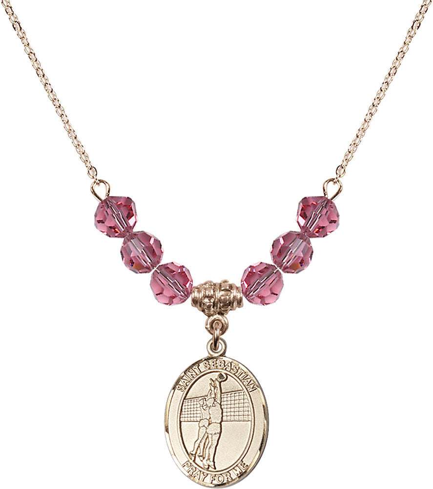 14kt Gold Filled Saint Sebastian / Volleyball Birthstone Necklace with Rose Beads - 8186