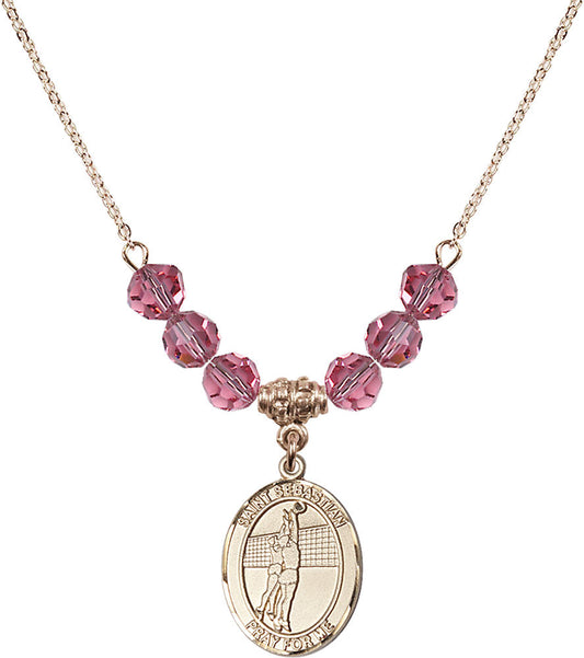 14kt Gold Filled Saint Sebastian / Volleyball Birthstone Necklace with Rose Beads - 8186