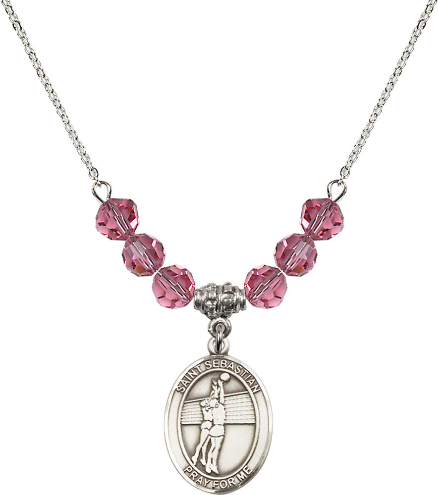 Sterling Silver Saint Sebastian / Volleyball Birthstone Necklace with Rose Beads - 8186