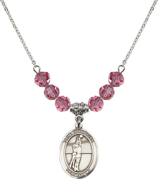 Sterling Silver Saint Sebastian / Volleyball Birthstone Necklace with Rose Beads - 8186