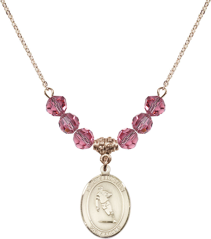 14kt Gold Filled Saint Sebastian / Rugby Birthstone Necklace with Rose Beads - 8187