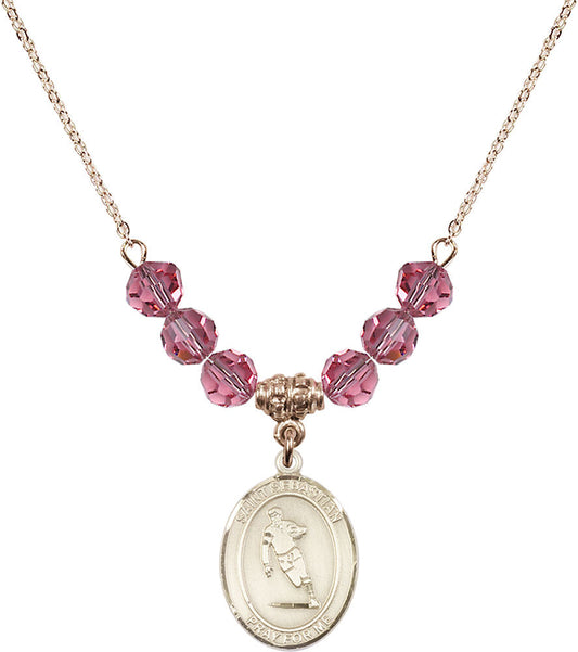 14kt Gold Filled Saint Sebastian / Rugby Birthstone Necklace with Rose Beads - 8187