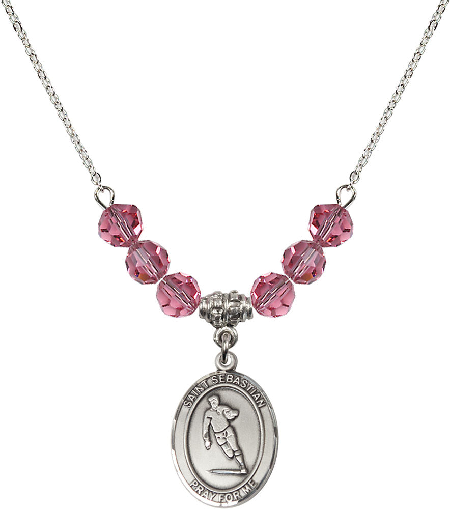 Sterling Silver Saint Sebastian / Rugby Birthstone Necklace with Rose Beads - 8187