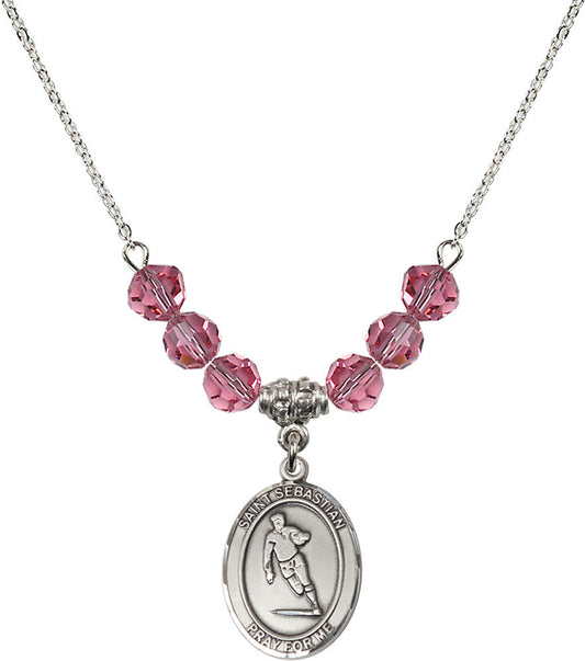 Sterling Silver Saint Sebastian / Rugby Birthstone Necklace with Rose Beads - 8187