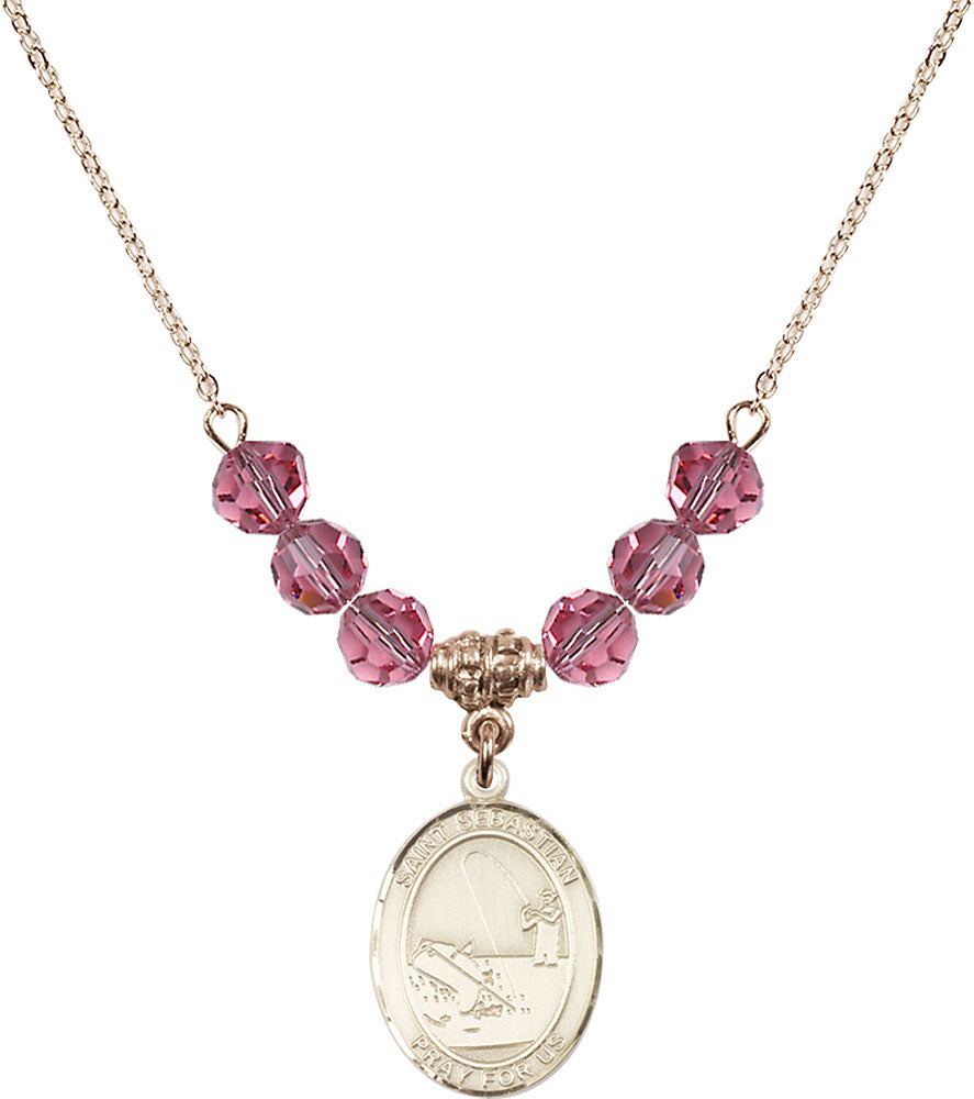 14kt Gold Filled Saint Sebastian / Fishing Birthstone Necklace with Rose Beads - 8188