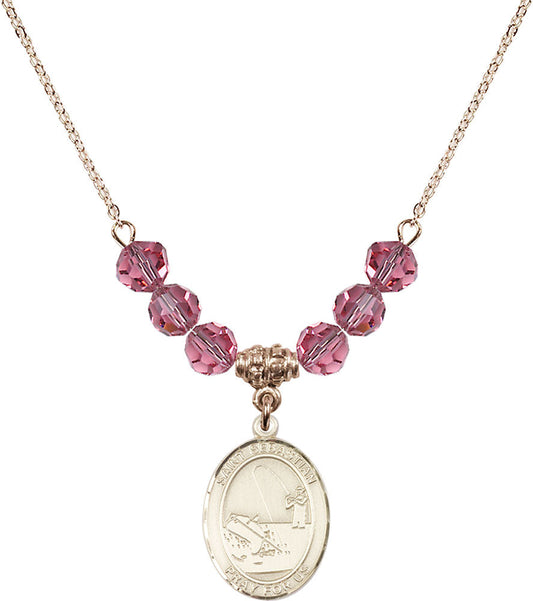 14kt Gold Filled Saint Sebastian / Fishing Birthstone Necklace with Rose Beads - 8188