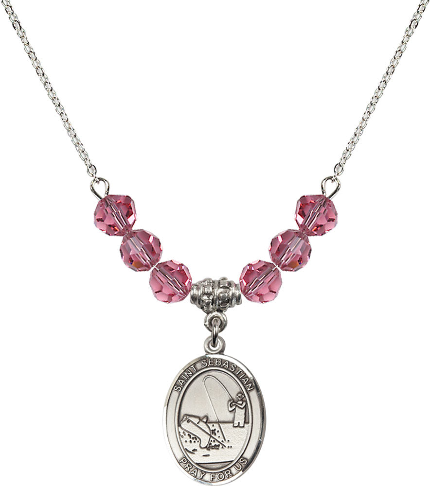 Sterling Silver Saint Sebastian / Fishing Birthstone Necklace with Rose Beads - 8188