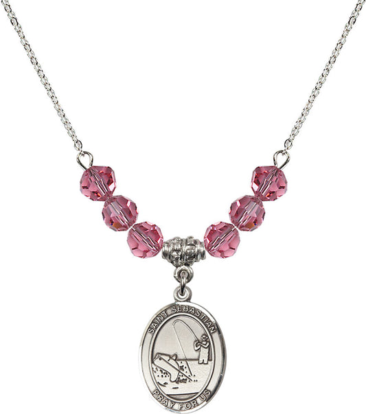 Sterling Silver Saint Sebastian / Fishing Birthstone Necklace with Rose Beads - 8188