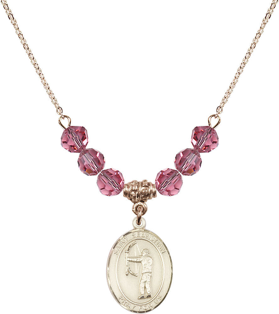14kt Gold Filled Saint Sebastian / Archery Birthstone Necklace with Rose Beads - 8189