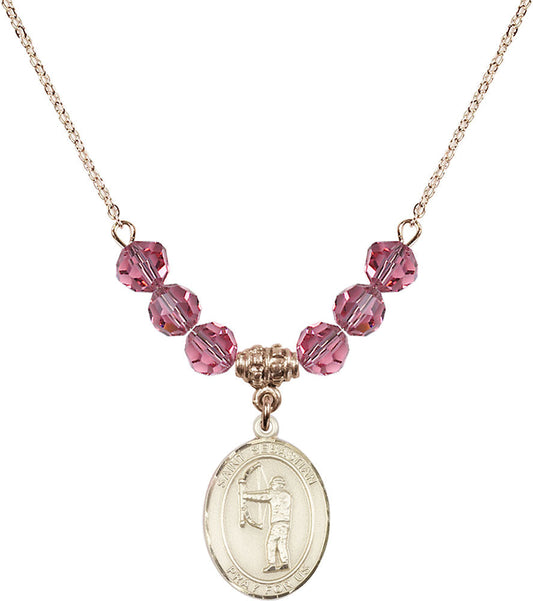 14kt Gold Filled Saint Sebastian / Archery Birthstone Necklace with Rose Beads - 8189