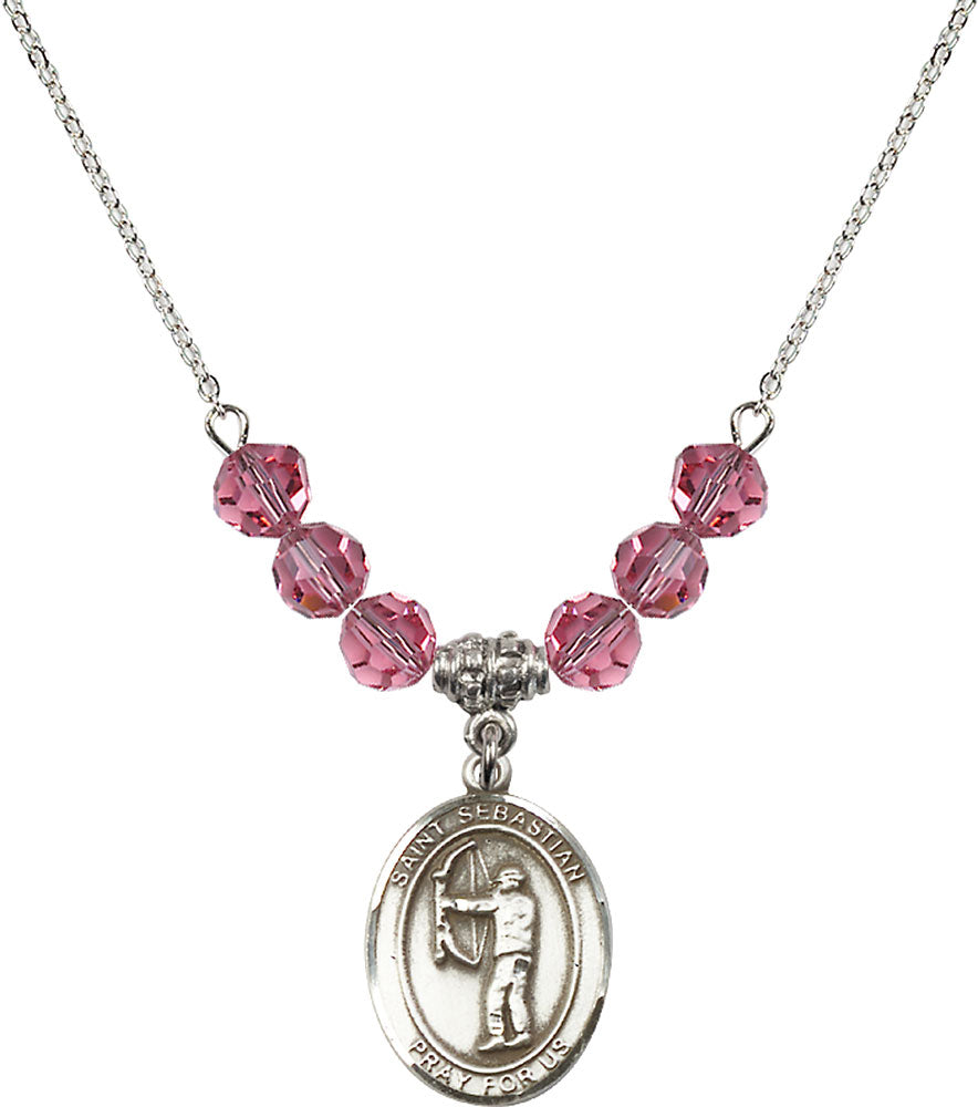 Sterling Silver Saint Sebastian / Archery Birthstone Necklace with Rose Beads - 8189