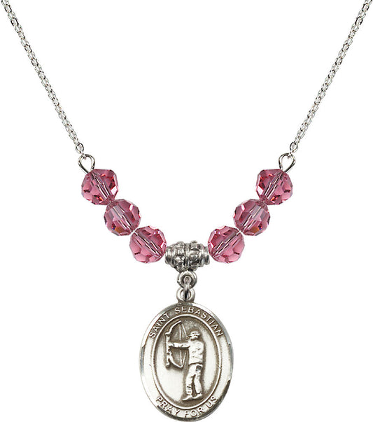 Sterling Silver Saint Sebastian / Archery Birthstone Necklace with Rose Beads - 8189