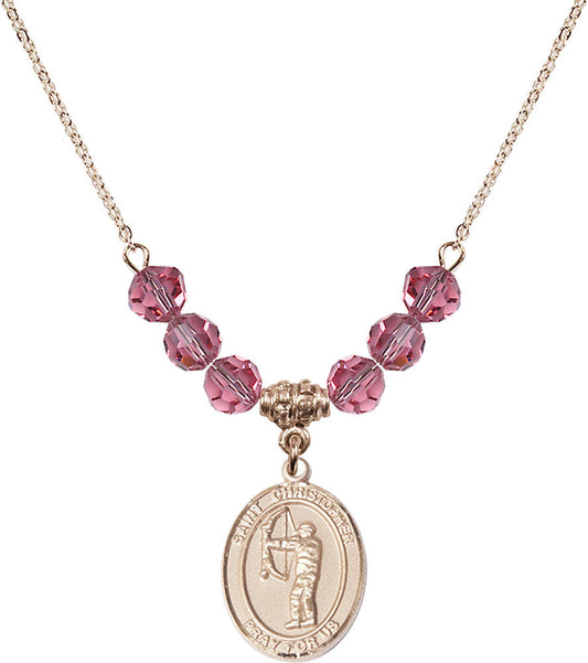 14kt Gold Filled Saint Christopher/Archery Birthstone Necklace with Rose Beads - 8190