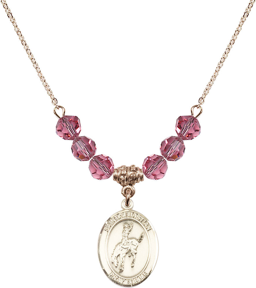 14kt Gold Filled Saint Sebastian / Rodeo Birthstone Necklace with Rose Beads - 8191