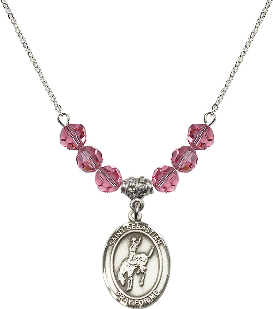 Sterling Silver Saint Sebastian / Rodeo Birthstone Necklace with Rose Beads - 8191