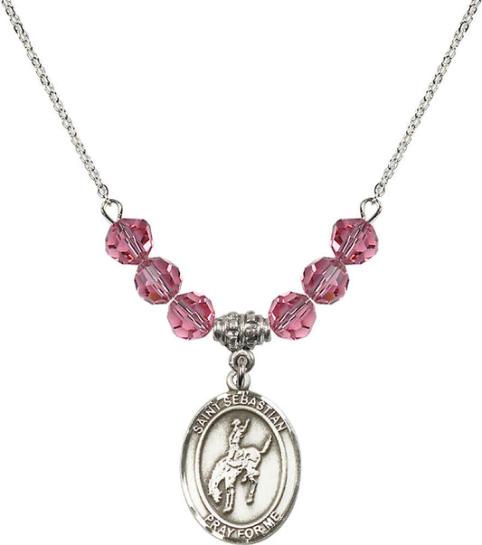 Sterling Silver Saint Sebastian / Rodeo Birthstone Necklace with Rose Beads - 8191