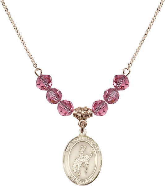 14kt Gold Filled Saint Christopher / Rodeo Birthstone Necklace with Rose Beads - 8192